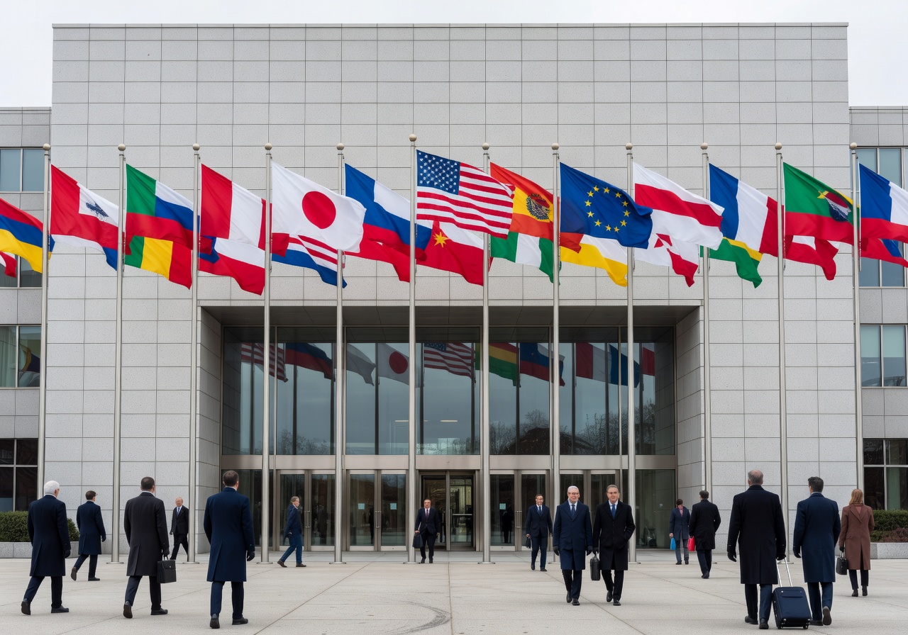 Global Economic Summit facade and flags