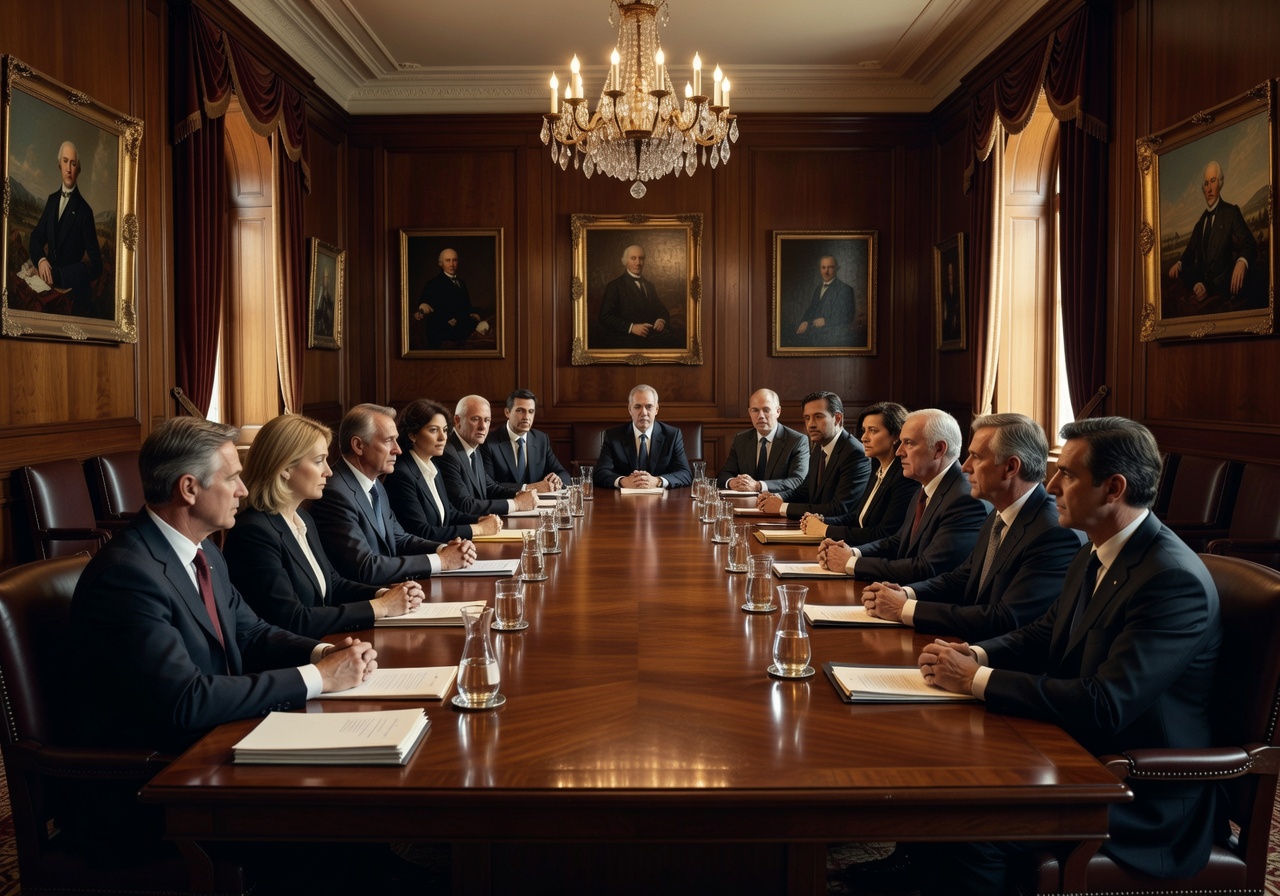High-level diplomatic meeting room with mahogany table