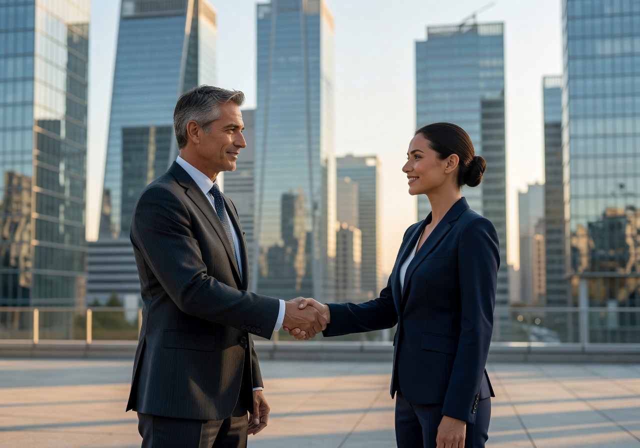Professional handshake in front of a modern city backdrop